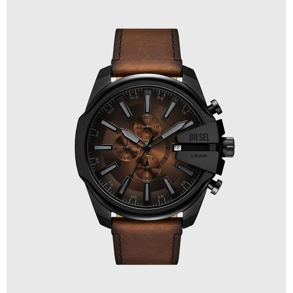 Diesel Mens Mega Chief Slim Leather Watch In Brown/Black Brown Dial