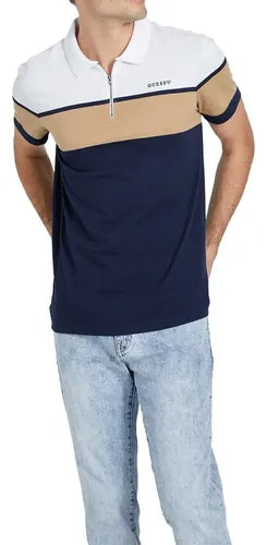 Guess Mens Colorblock Golfer In White Tan & Navy