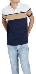 Guess Mens Colorblock Golfer In White Tan & Navy