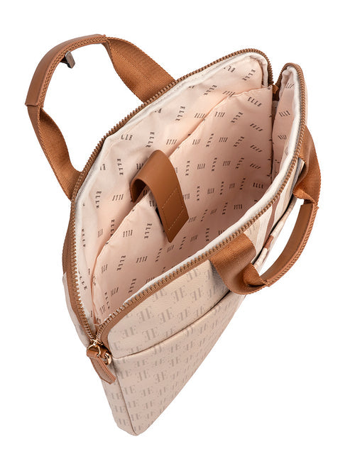 Elle Monogram Slimline Laptop Bag In Beige Multi