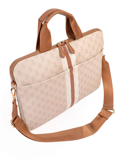 Elle Monogram Slimline Laptop Bag In Beige Multi