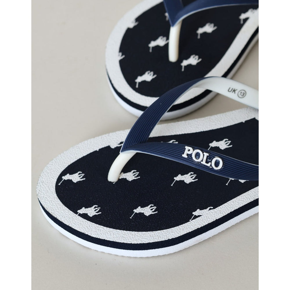 Polo Boys Monogram Flip Flops In Navy/White