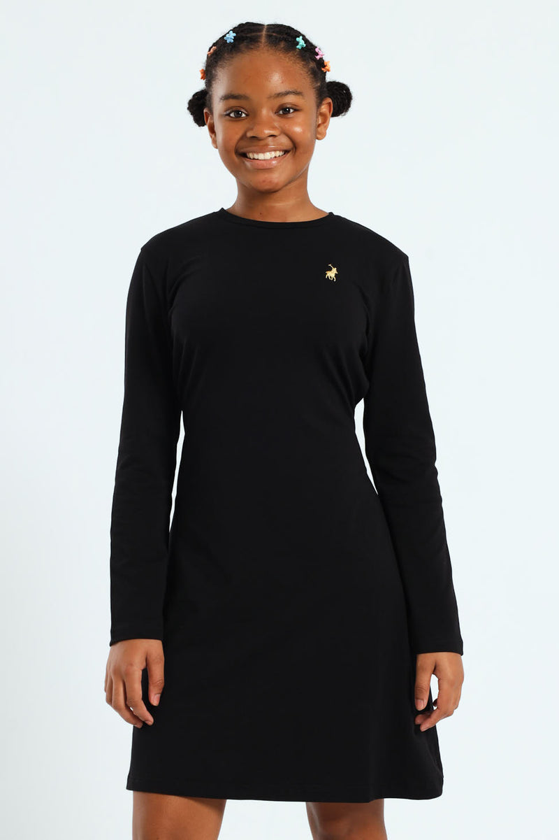 Polo Girls Emily Belted Long Sleeve Dress In Black