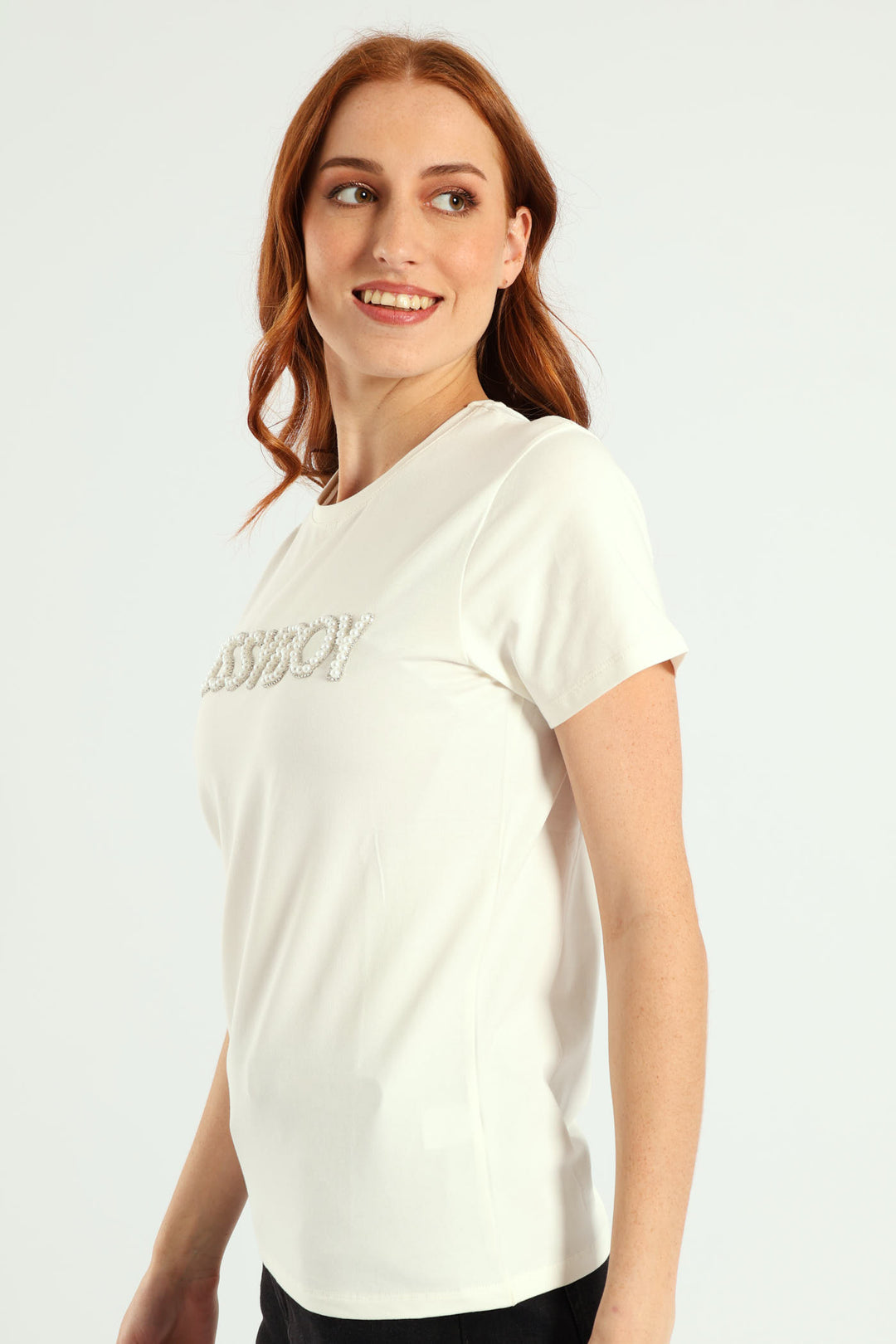 Sissyboy Womens Pearl & Bling Regular Fit T-Shirt In Off White