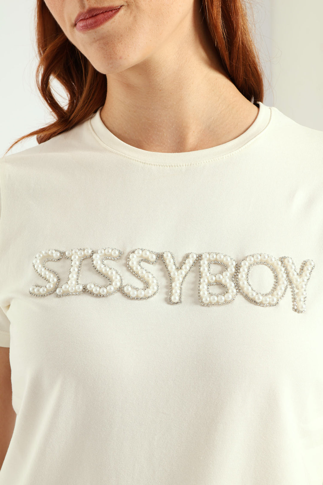 Sissyboy Womens Pearl & Bling Regular Fit T-Shirt In Off White