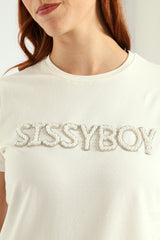 Sissyboy Womens Pearl & Bling Regular Fit T-Shirt In Off White