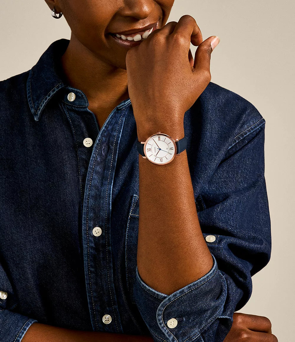 Fossil Women's Jacqueline Rose Gold Round Leather Watch Blue
