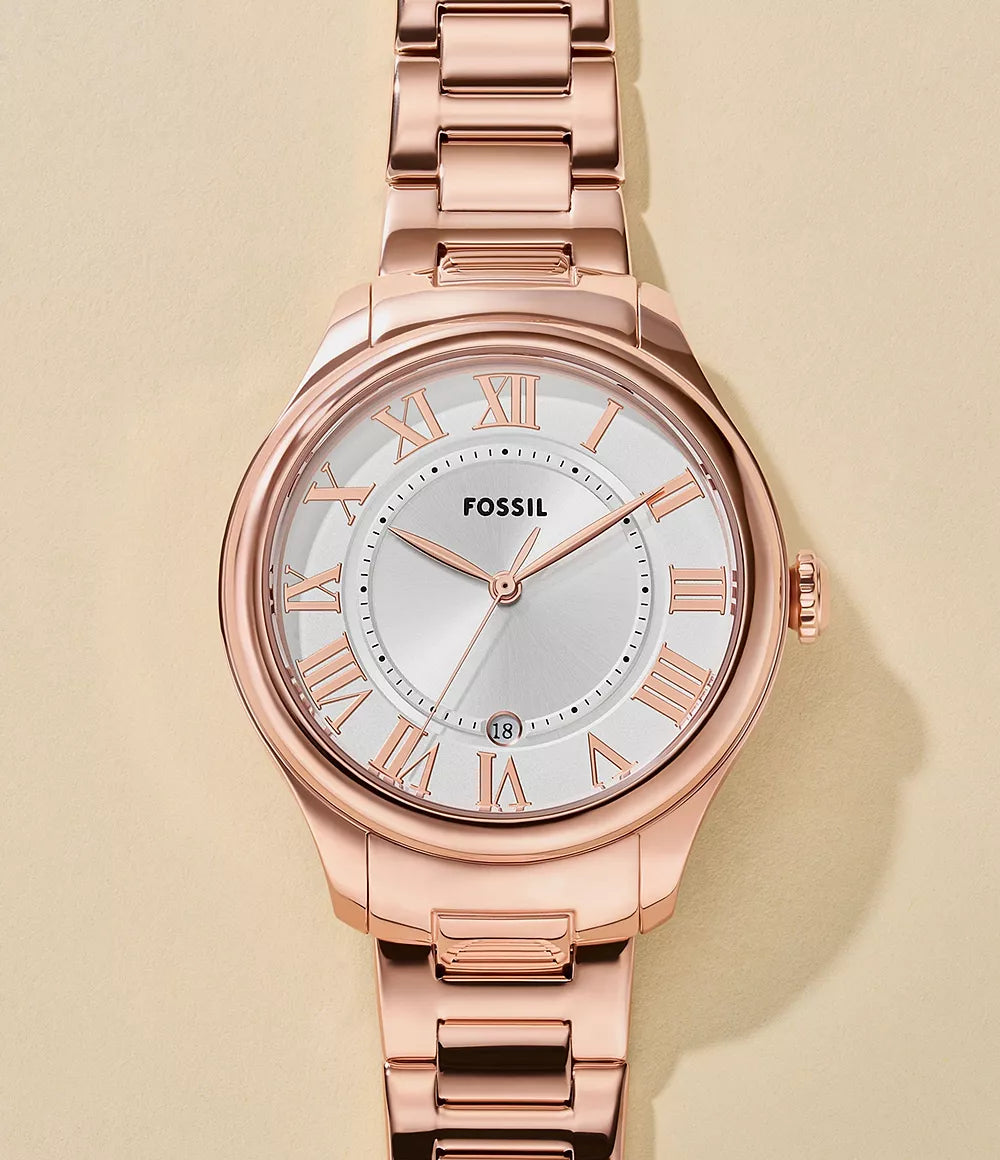 Fossil Ladies Gilmore Three-Hand Date Stainless Steel Watch In Rose Gold