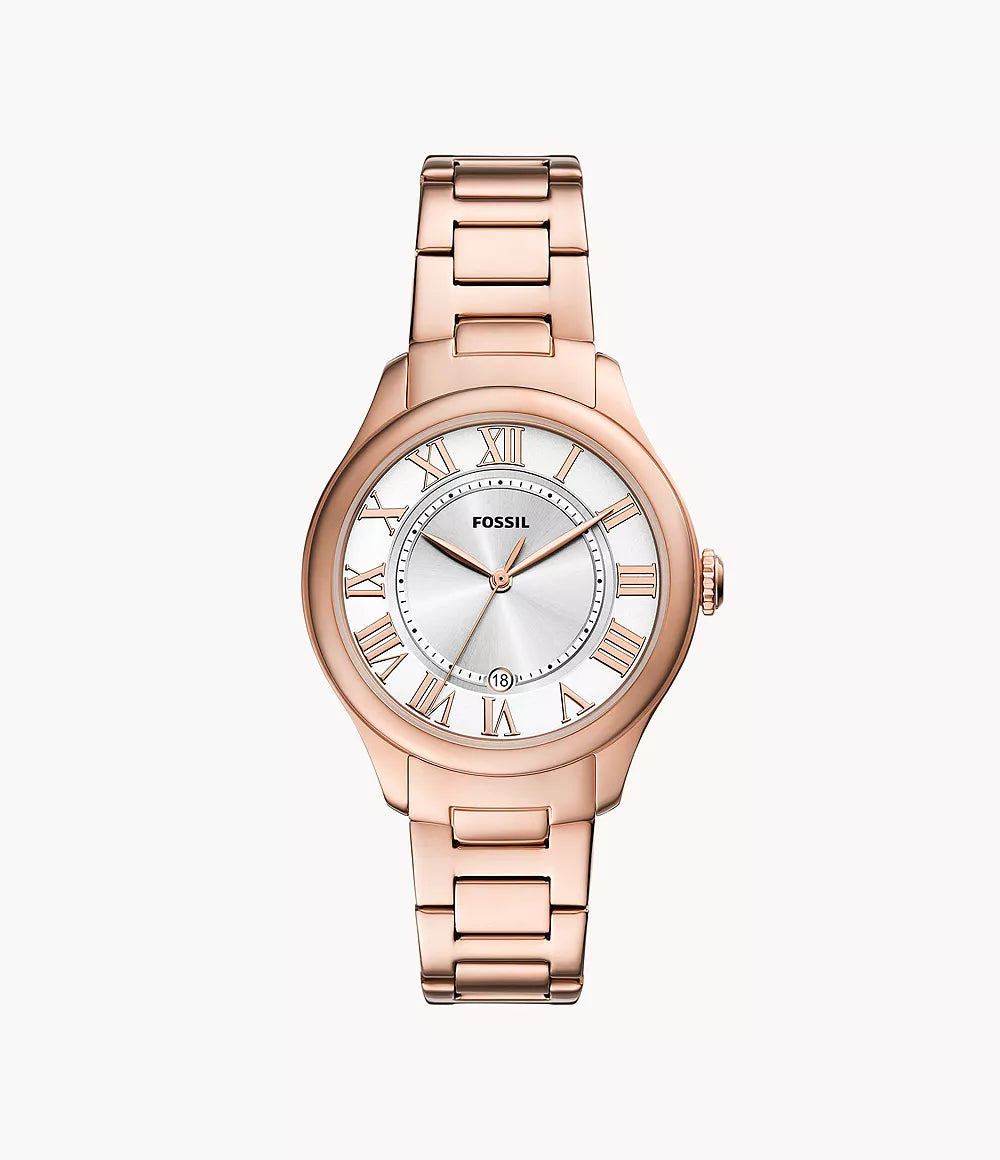 Fossil Ladies Gilmore Three-Hand Date Stainless Steel Watch In Rose Gold