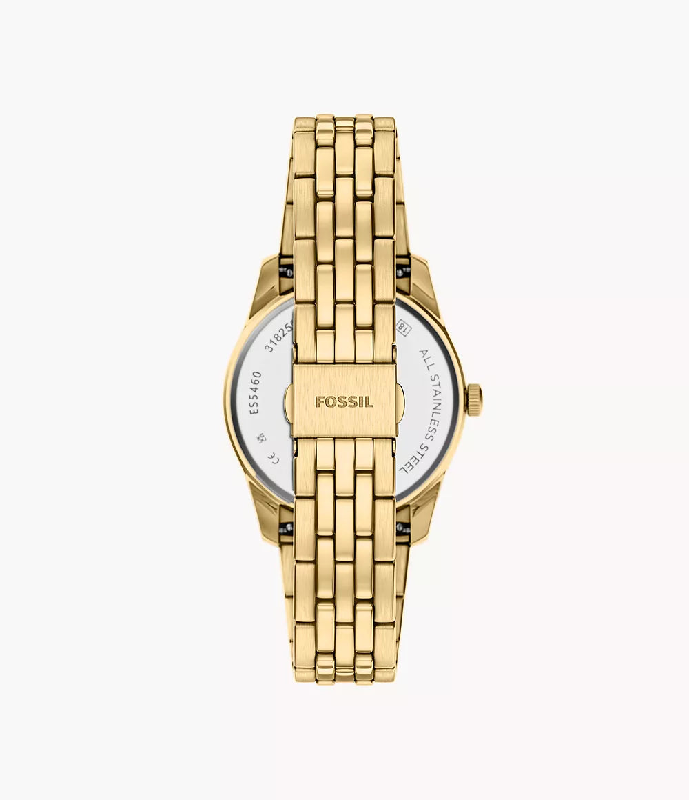 Fossil Ladies Scarlette Three-Hand Day-Date Gold-Tone Stainless Steel Watch In Green