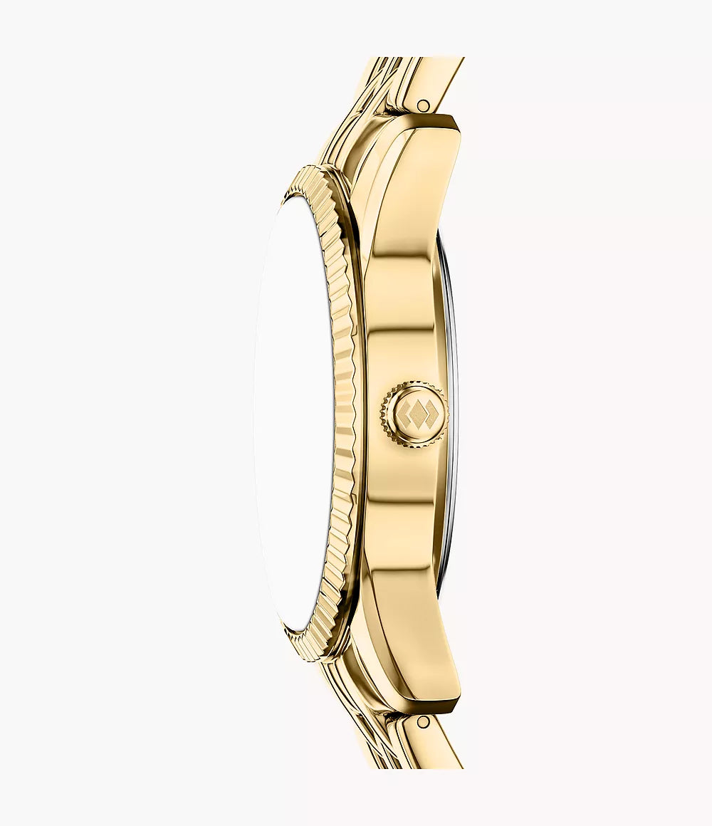 Fossil Ladies Scarlette Three-Hand Day-Date Gold-Tone Stainless Steel Watch In Green