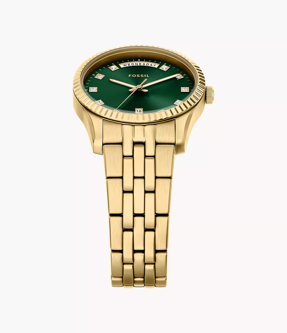 Fossil Ladies Scarlette Three-Hand Day-Date Gold-Tone Stainless Steel Watch In Green