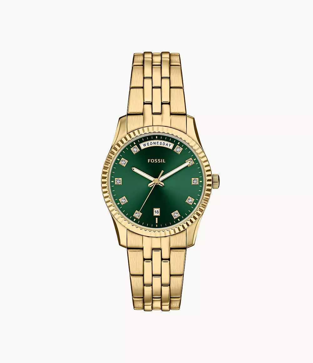 Fossil Ladies Scarlette Three-Hand Day-Date Gold-Tone Stainless Steel Watch In Green