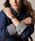 Fossil Ladies Scarlette Three-Hand Day-Date Gold-Tone Stainless Steel Watch In Green