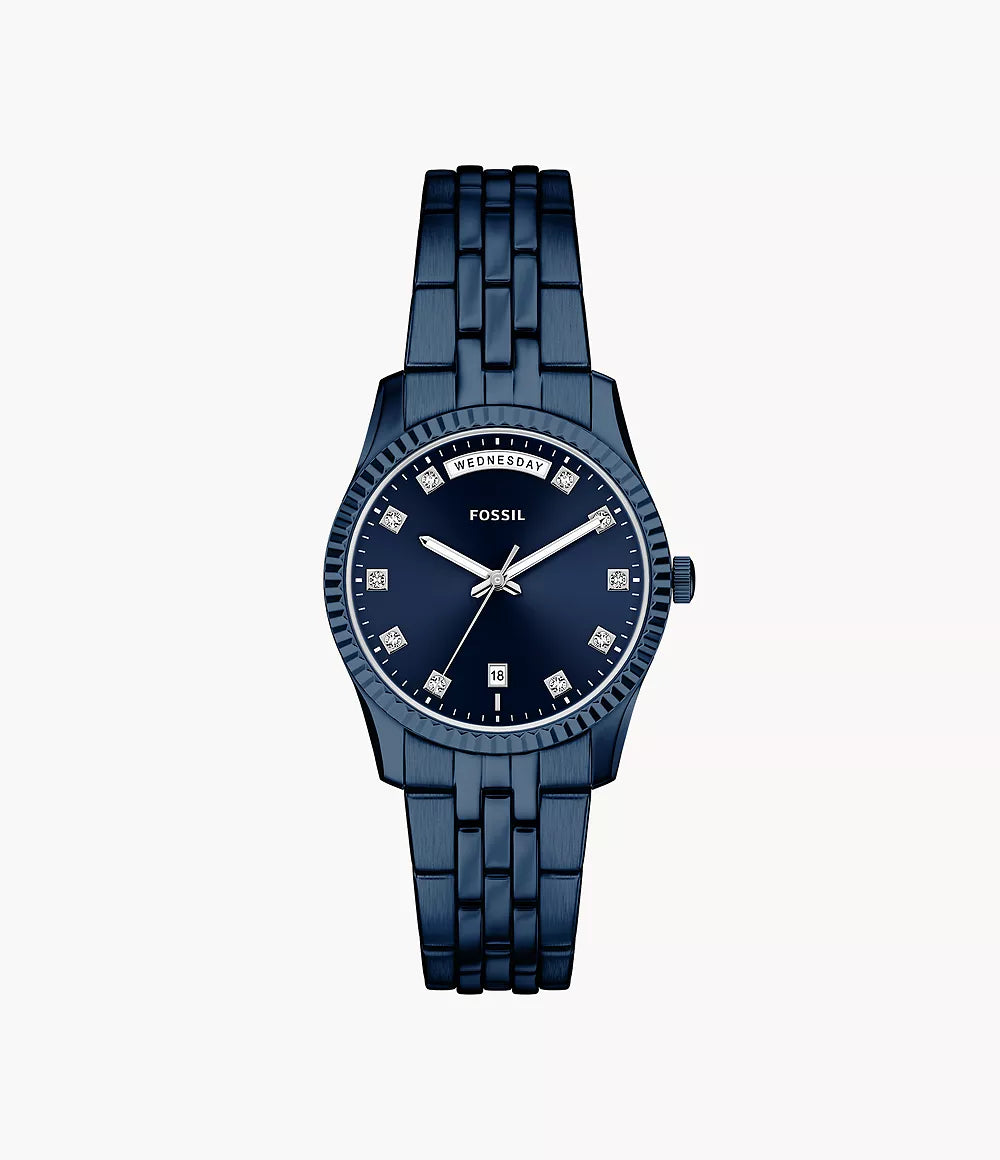 Fossil Ladies Scarlette Three-Hand Stainless Steel Watch In Navy