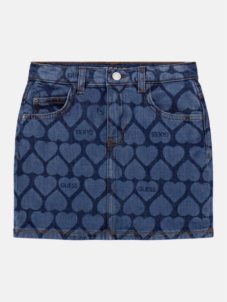 Guess Kids All Over Heart Denim Mini Skirt Mid Wash