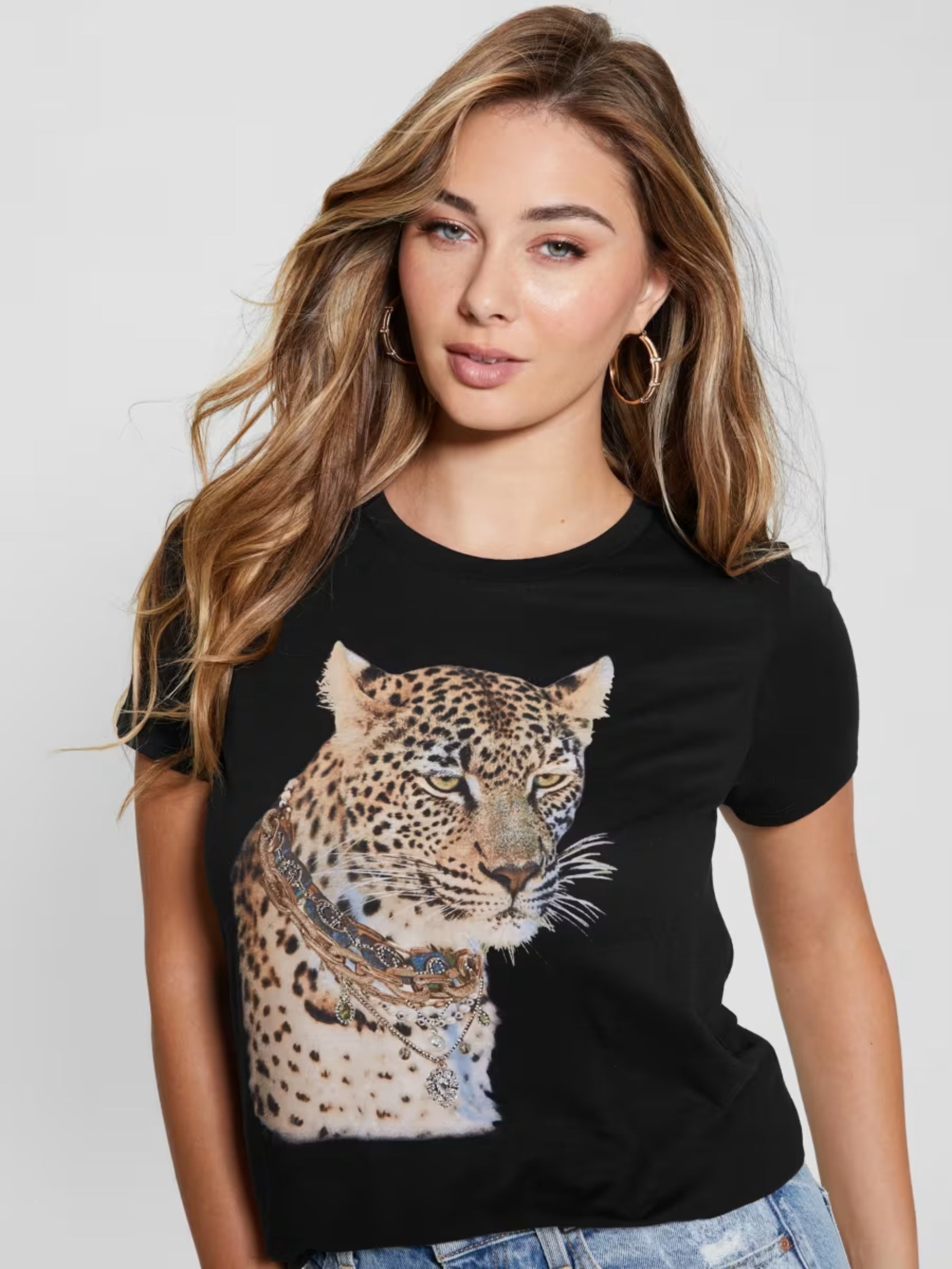 Guess Womens Leopard T-Shirt In Black