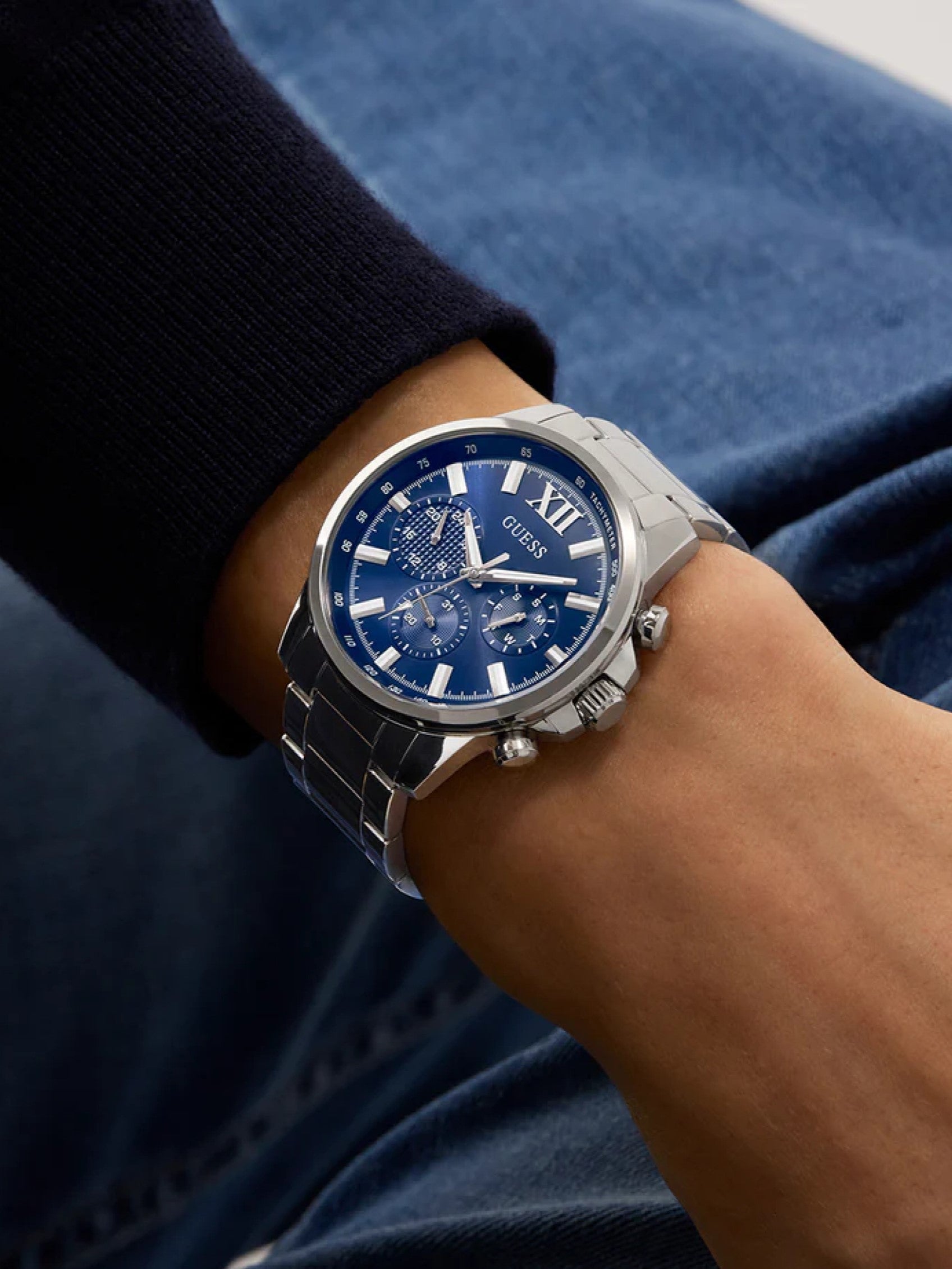 Guess Gents Silver Tone  Multi Function Watch