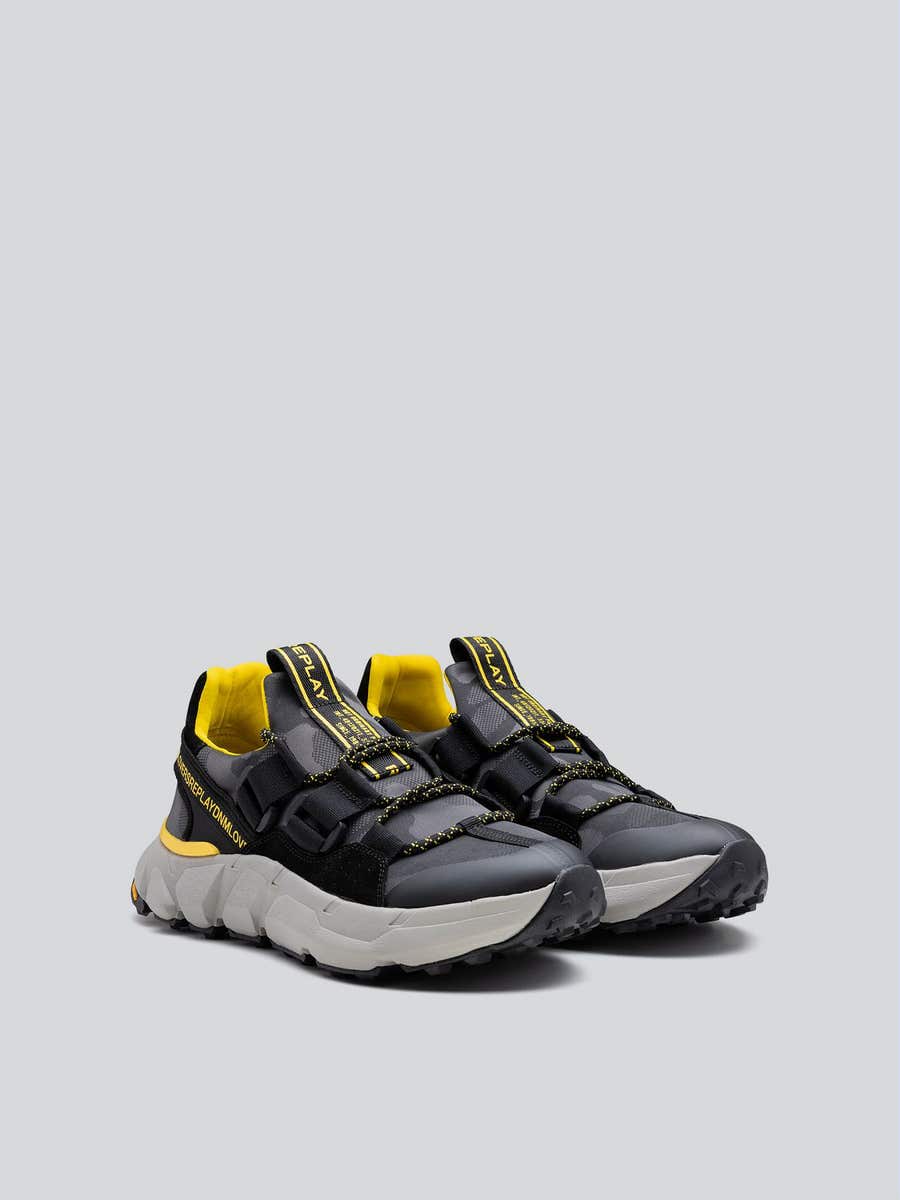 Replay Mens Split Camo Shoes Grey And Yellow