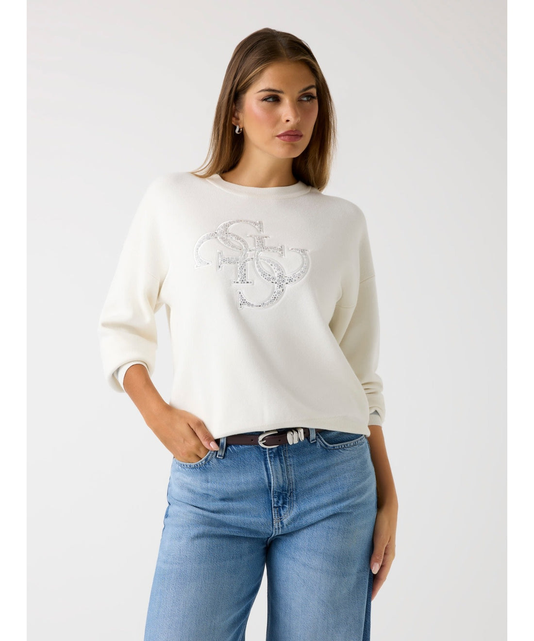 Guess Womens Cn Sylvie Logo Sweater In Cream
