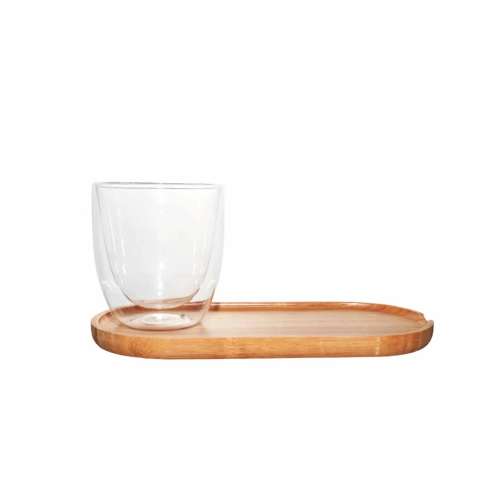 Barista Double Wall Latte Cup Bamboo Saucer Tray In Clear/Brown