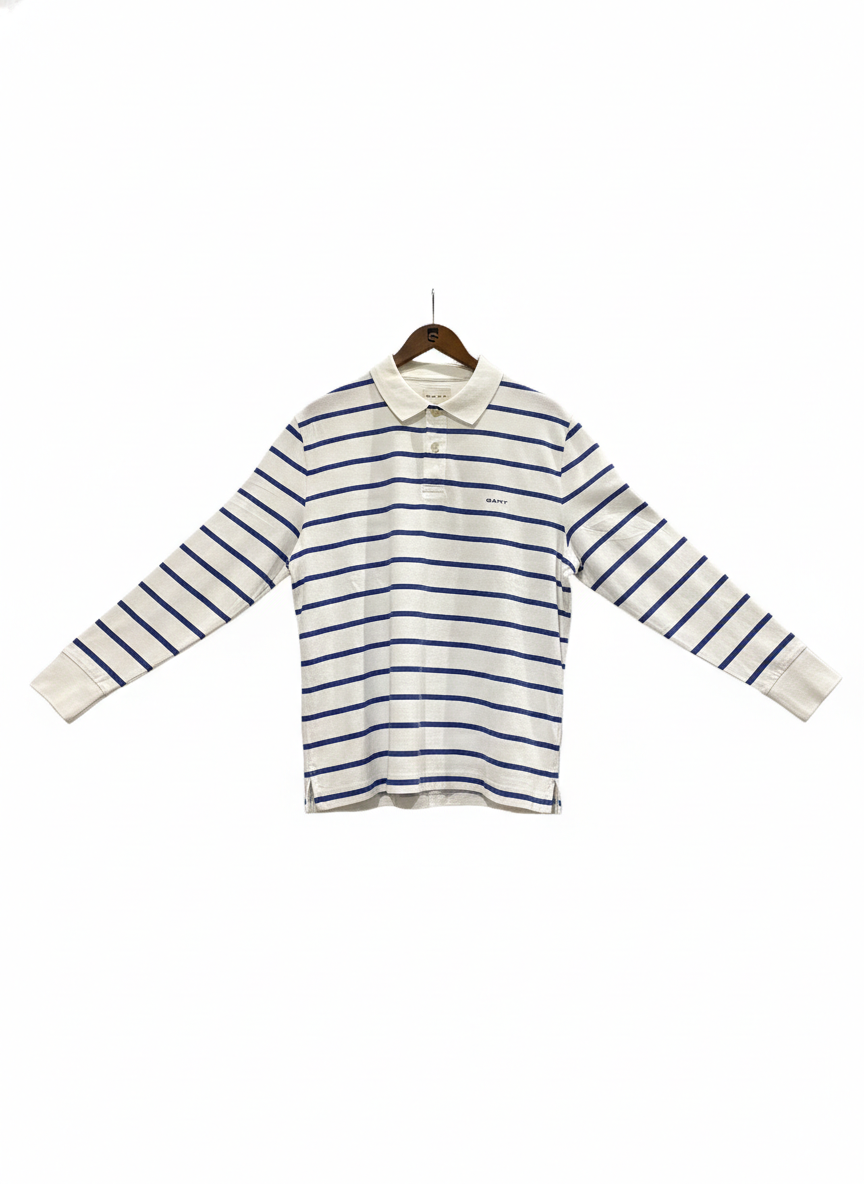Gant Mens Striped Long Sleeve Golfer In Cream