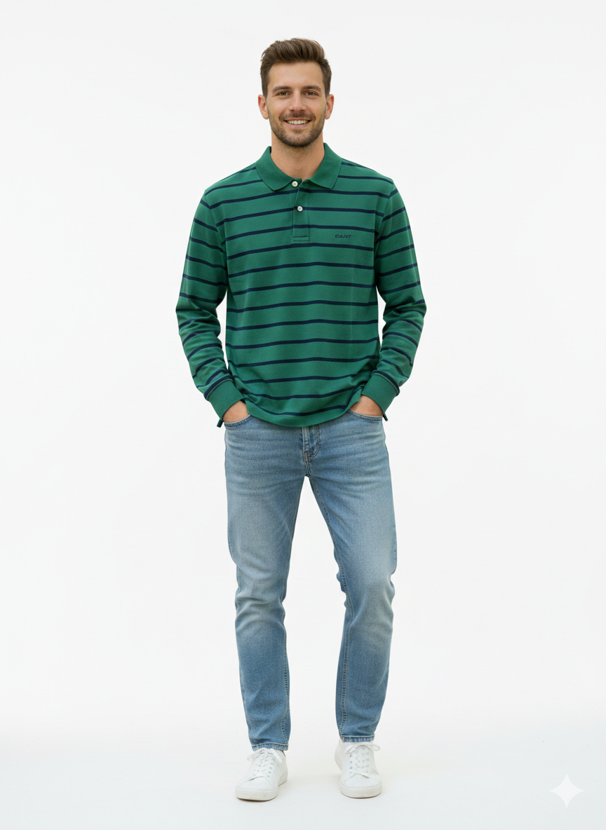 Gant Mens Striped Long Sleeve Golfer In Green