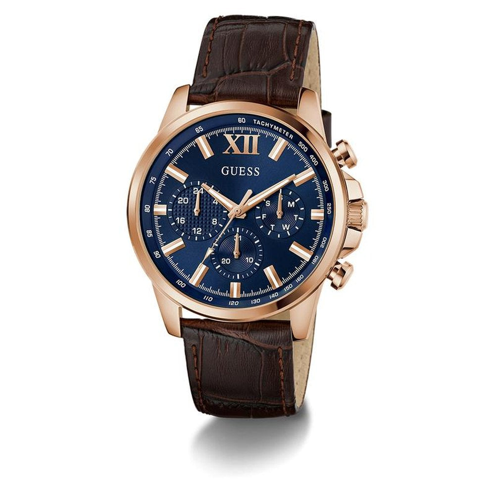 Guess Mens Multi Function Watch In Brown/Blue Dial