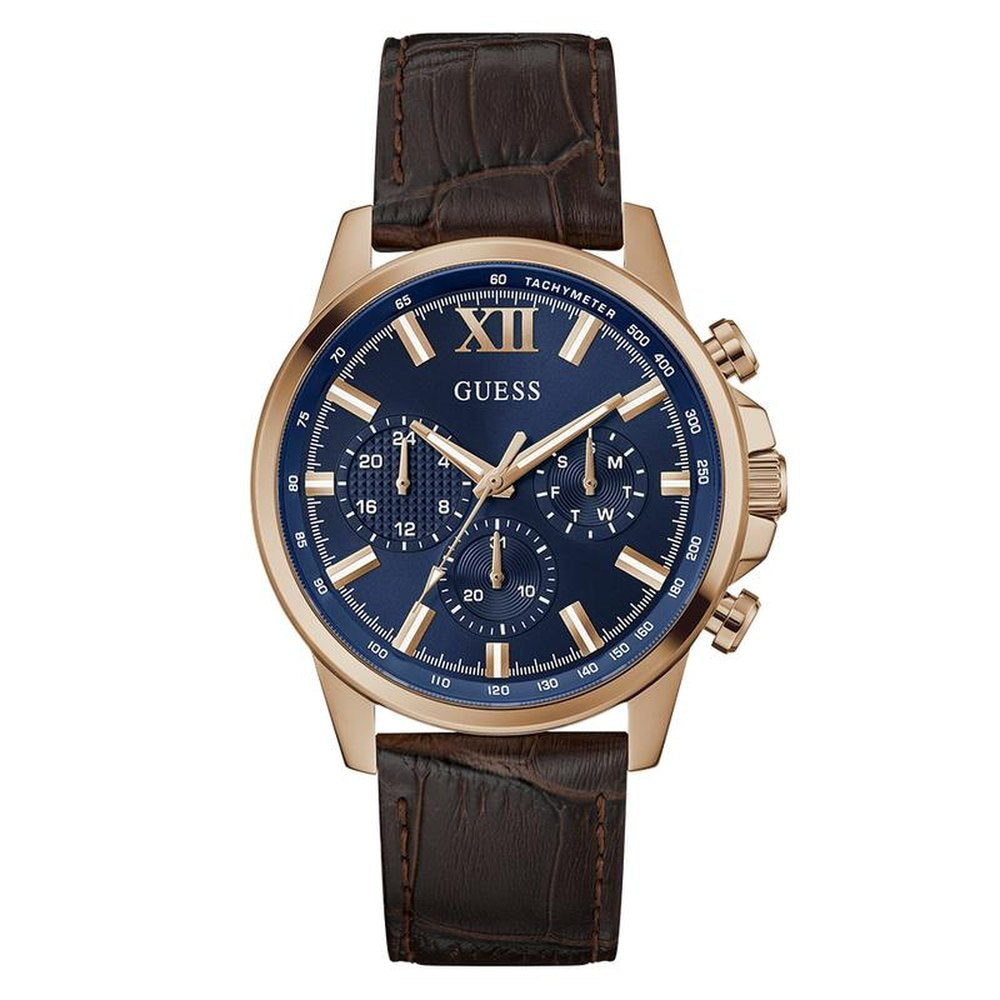 Guess Mens Multi Function Watch In Brown/Blue Dial