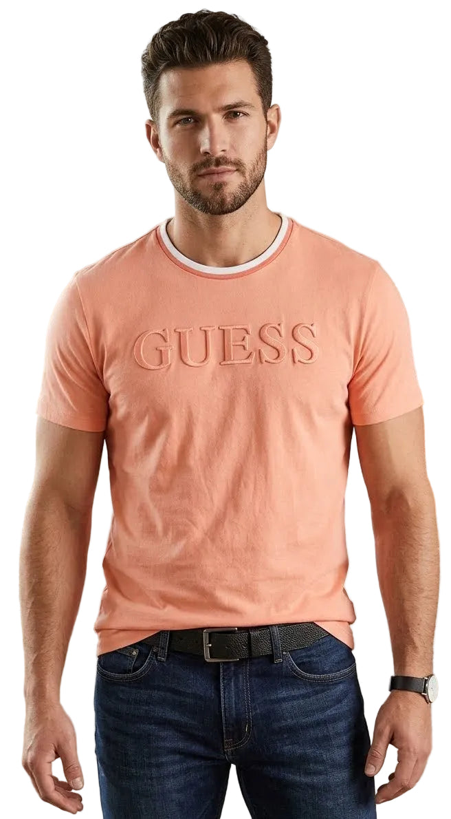 Guess Mens Short Sleeves Embossed T-Shirt In Hot Rose Sand