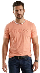 Guess Mens Short Sleeves Embossed T-Shirt In Hot Rose Sand