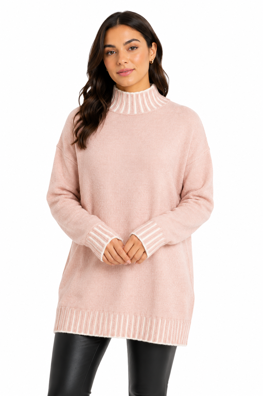 Izabel London Long Sleeve High Neck Extra Length Jersey In Pink