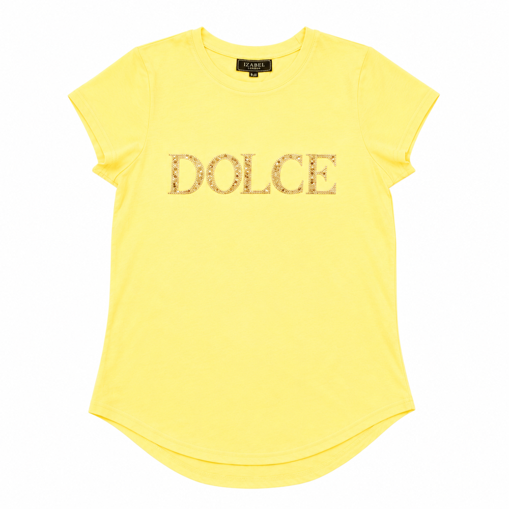 Izabel London Short Sleeeve Dolce Bling Logo T-Shirt In Lemon