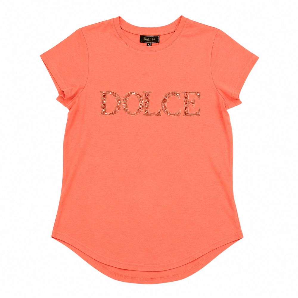 Izabel London Short Sleeeve Dolce Bling Logo T-Shirt In Tangerine