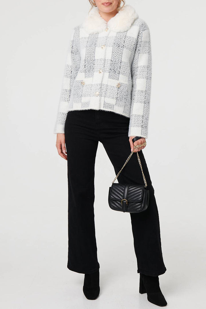 Stella Morgan Checked Faux Fur Trim Collar Jacket in White