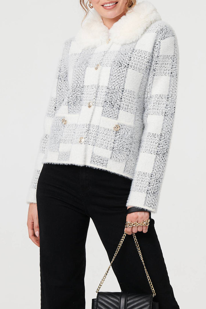 Stella Morgan Checked Faux Fur Trim Collar Jacket in White