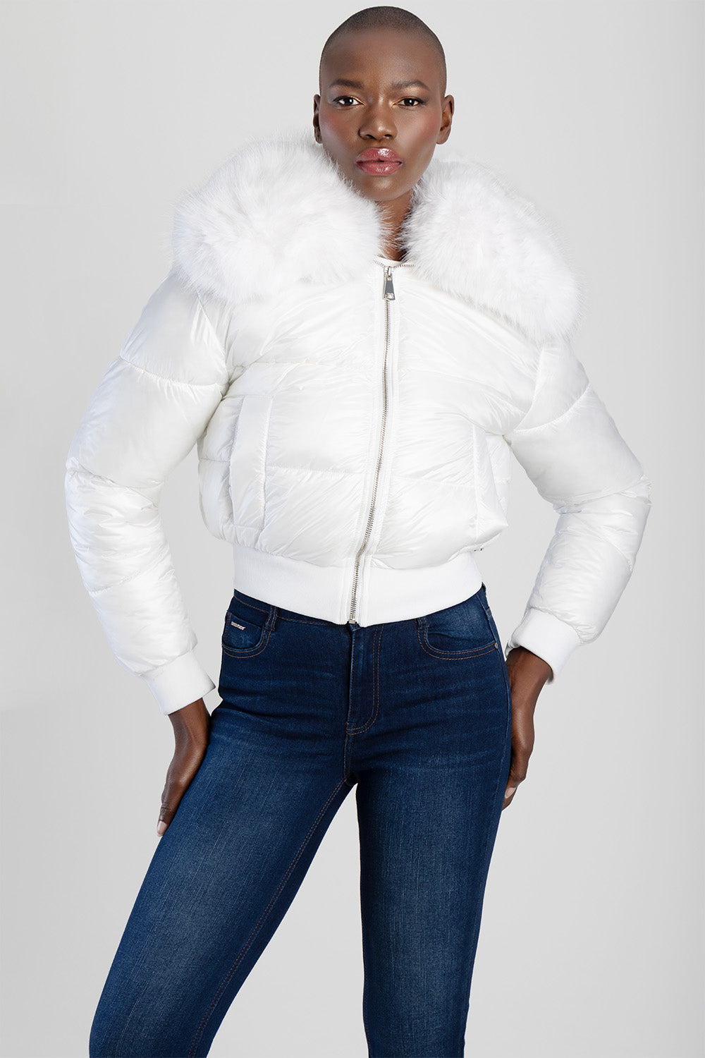 Sissyboy Womens Puffer Jacket With Fur Collar In White