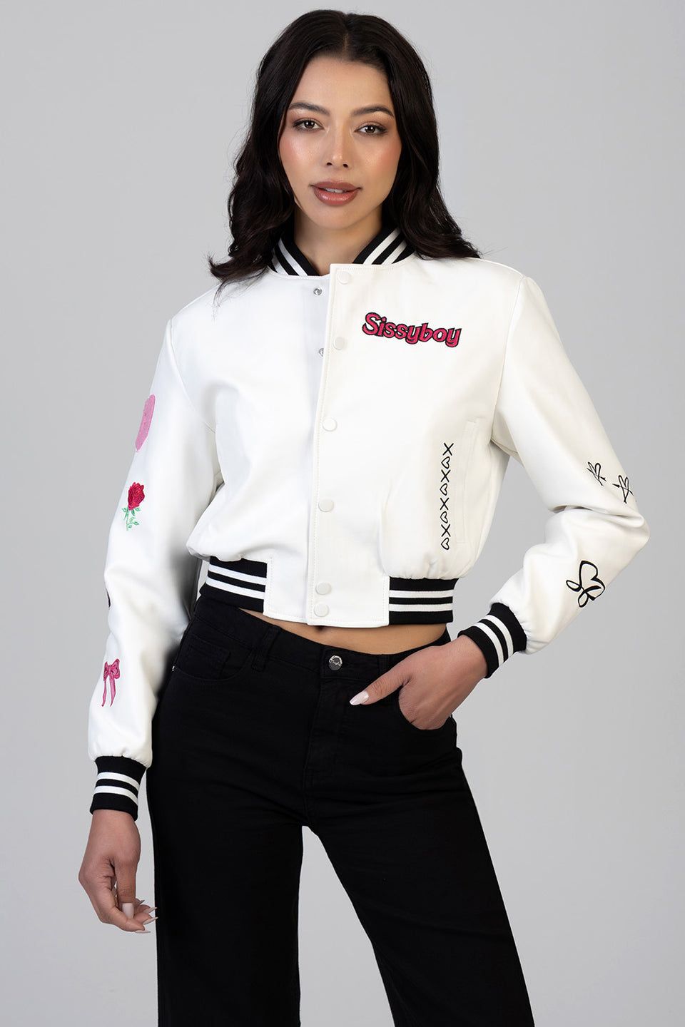 Sissy Boy Womens It's Electrifying Leather Bomber Jacket In White