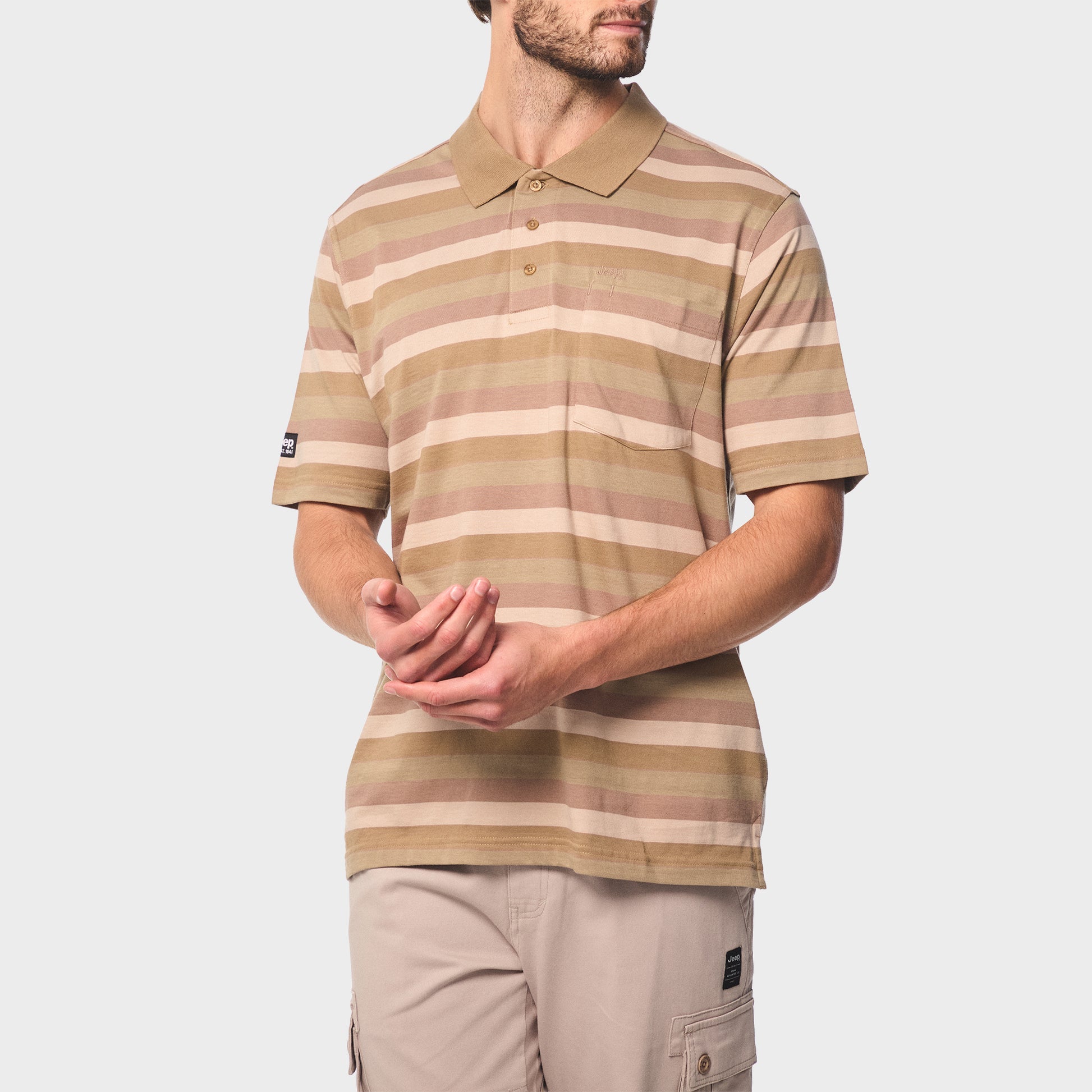 Jeep Mens Yarn Dye Stripe Golfer In Beige