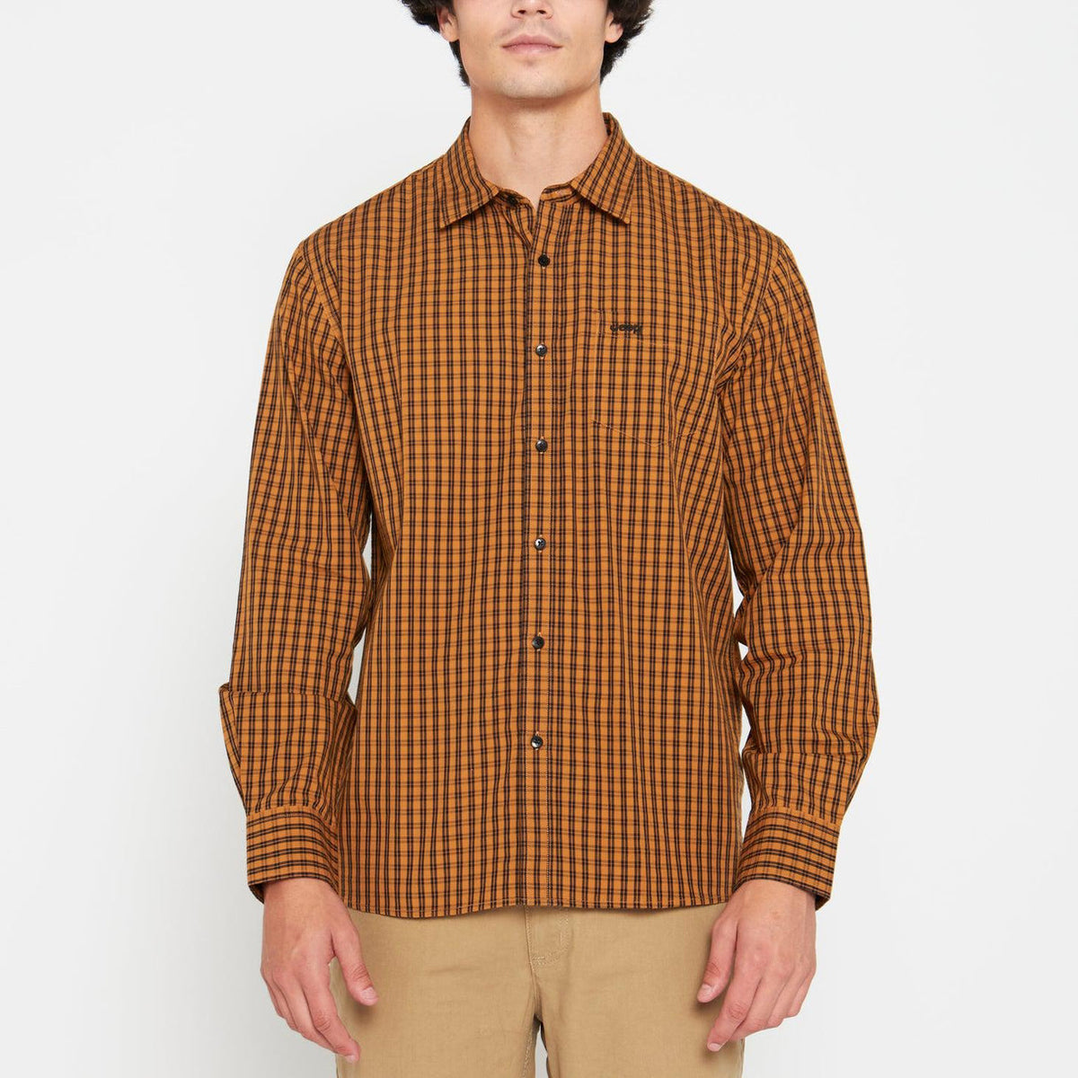 Jeep Mens Long Sleeve Yarn Dyed Shirt In Camel
