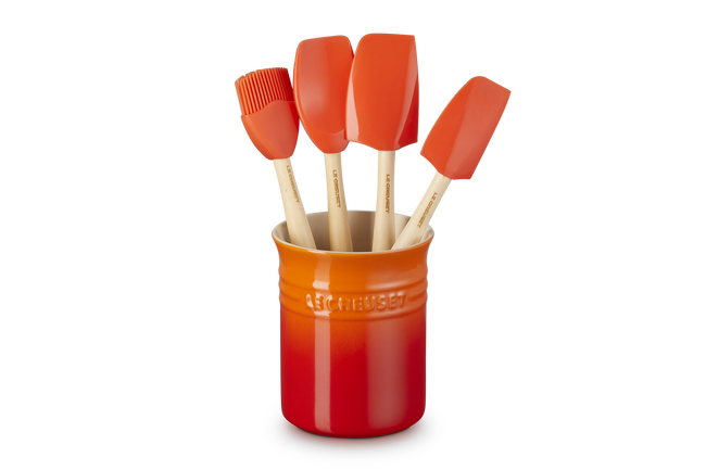 Le Creuset 1 Classic Crock With 4 Jewel Spatulas Flame