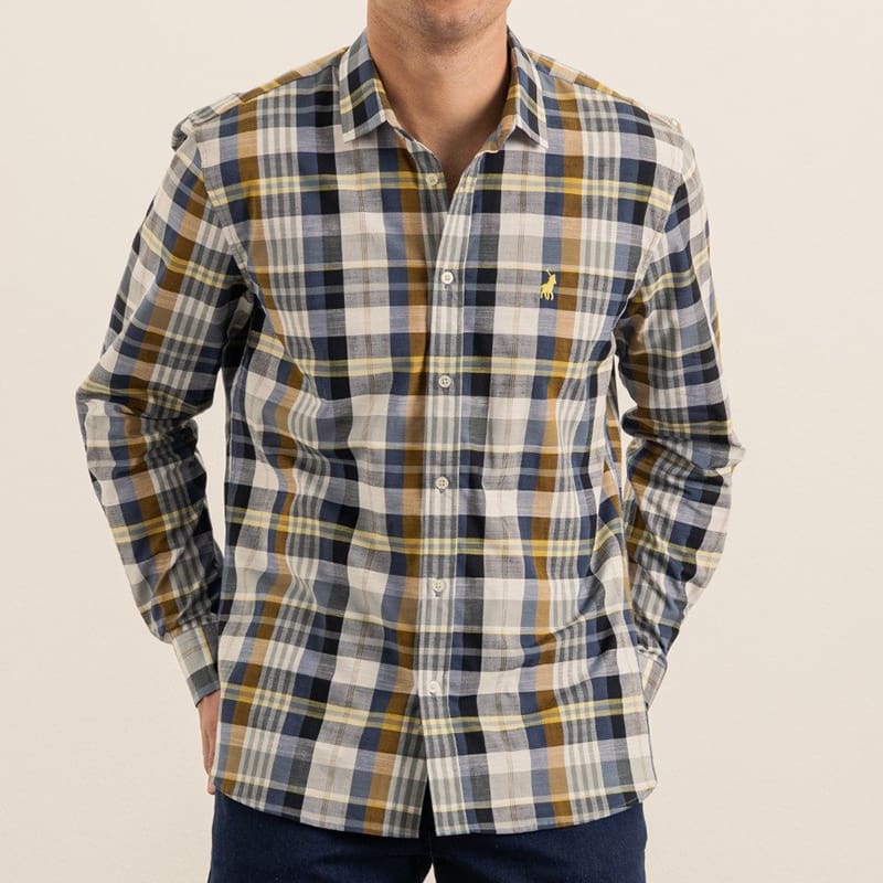 Polo Mens Linen Check Long Sleeve Shirt In Navy