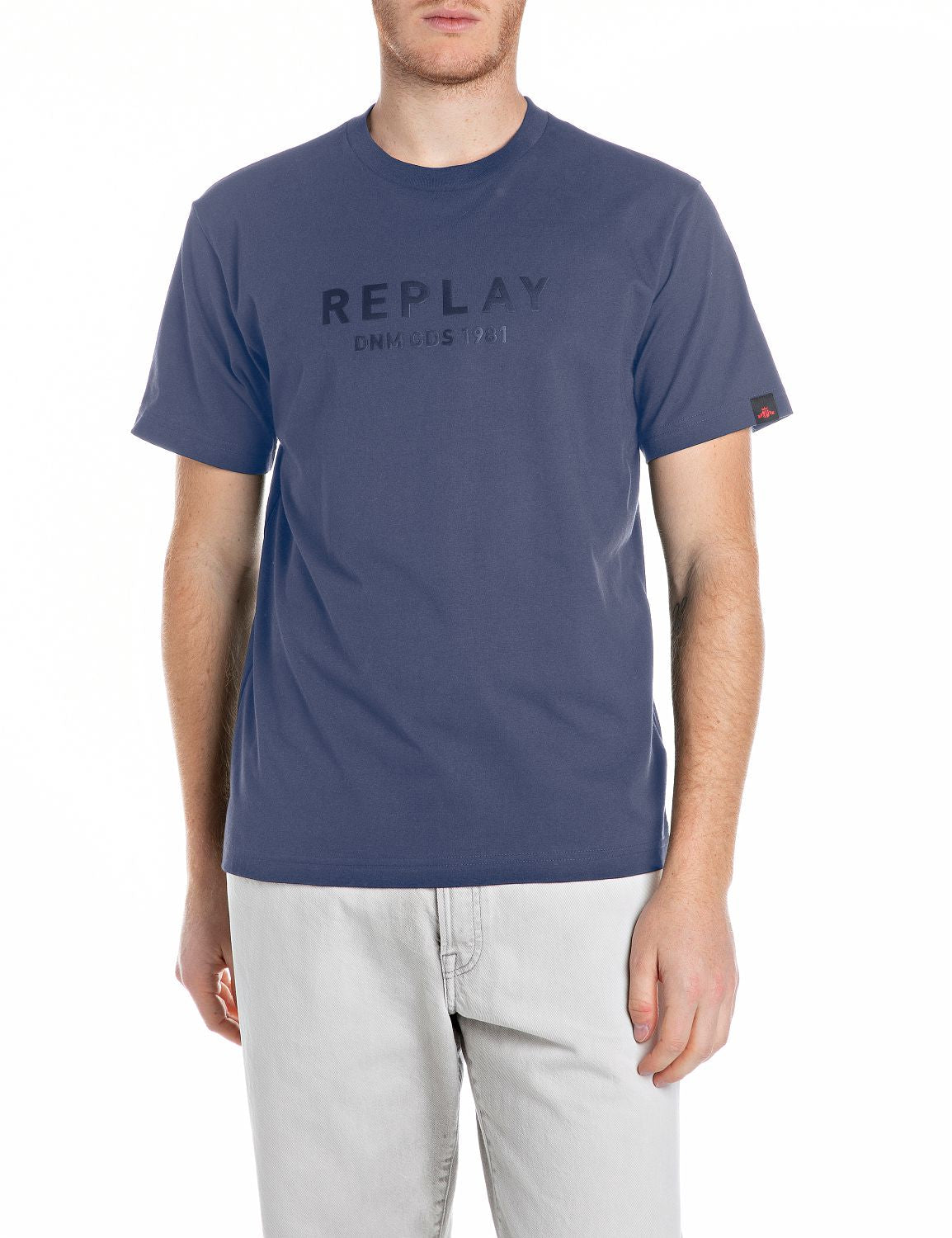 Replay Mens Crew Neck T-Shirt With Lettering In Blue