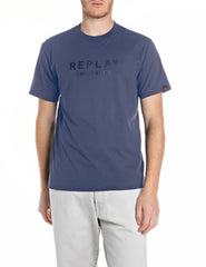 Replay Mens Crew Neck T-Shirt With Lettering In Blue