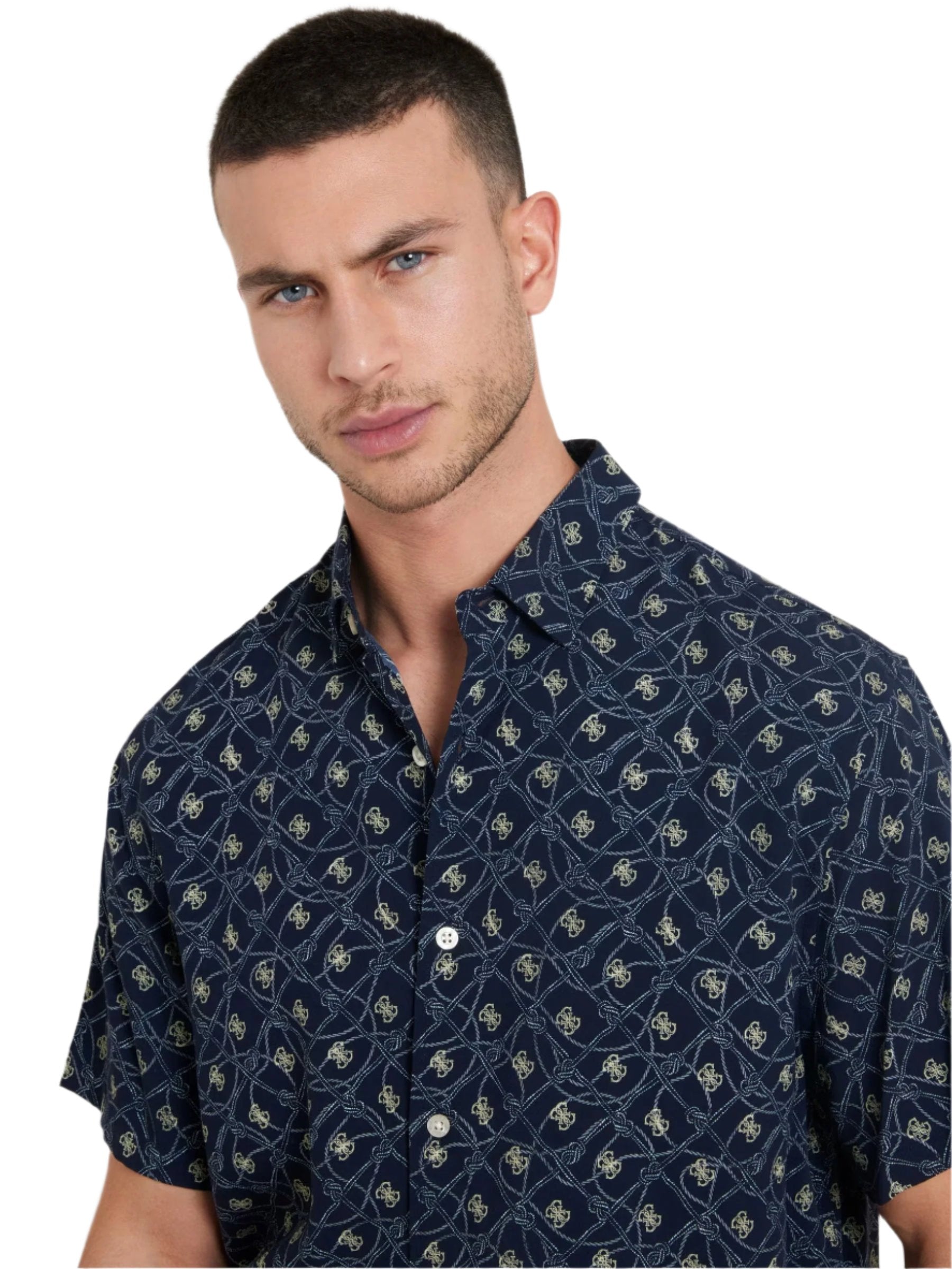 Guess A79501 Mns Ss Collin Aop Shirt Navy