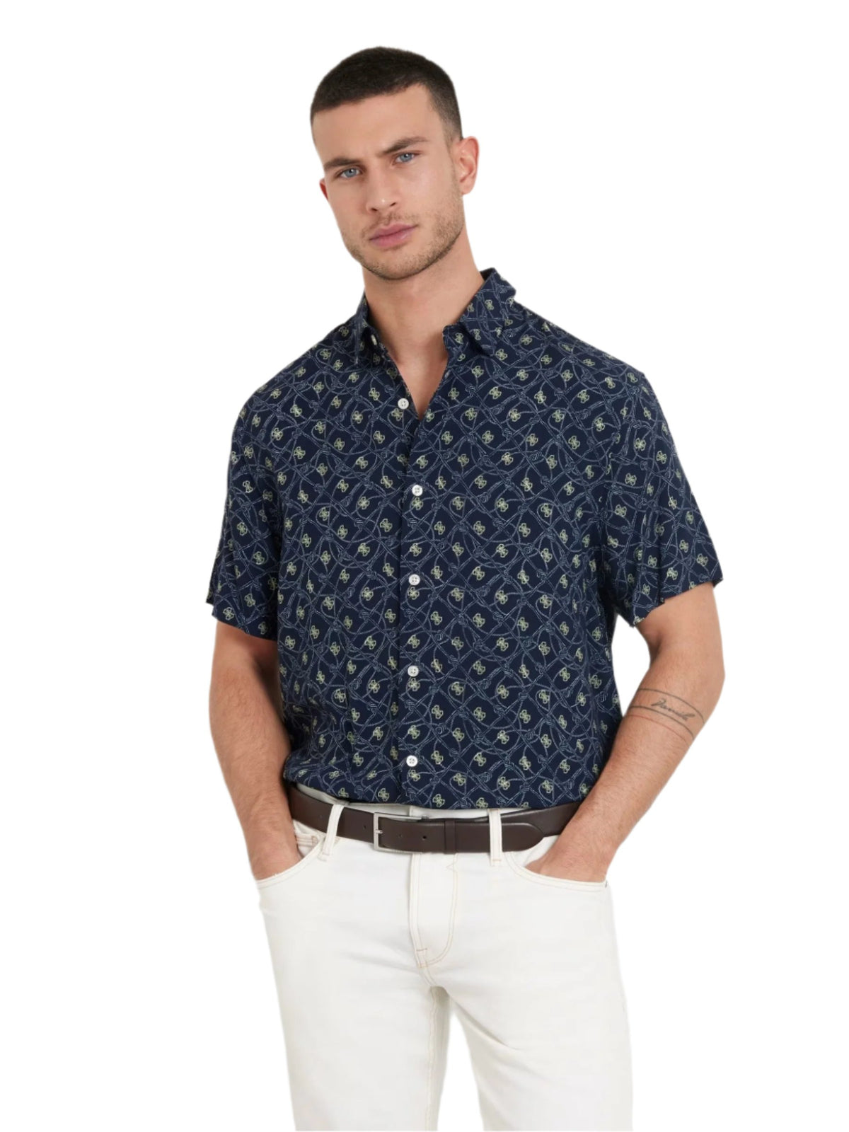 Guess A79501 Mns Ss Collin Aop Shirt Navy