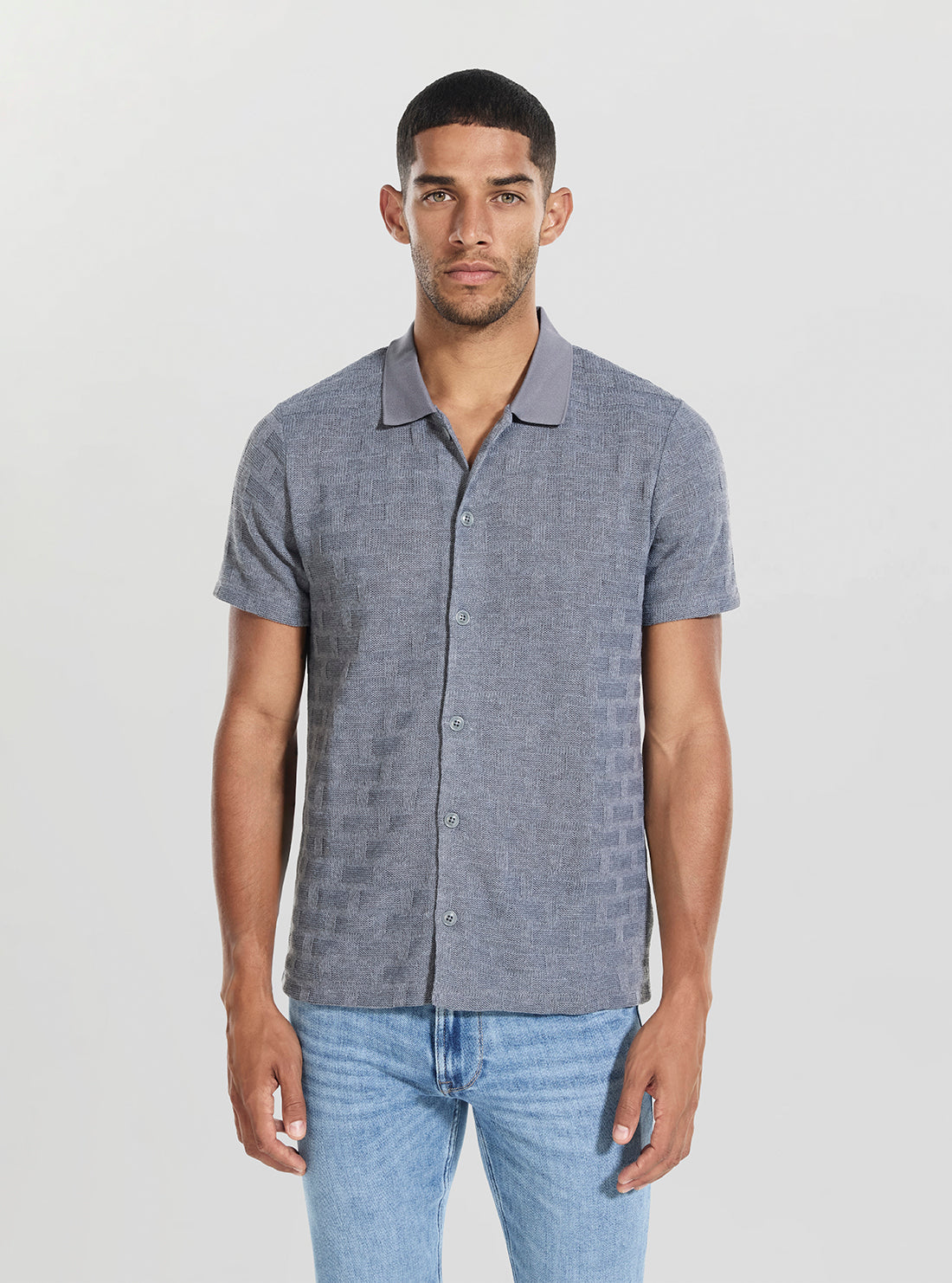 Guess Mens Short Sleeve Knit Tristan Button Down Shirt In Grey