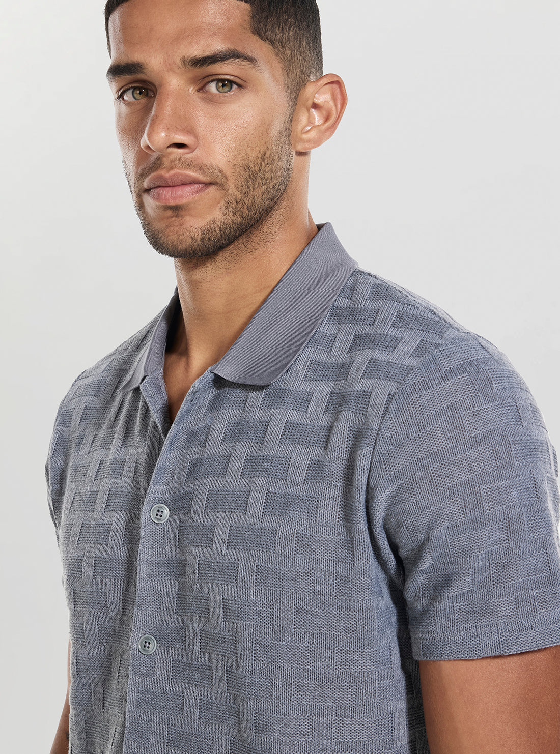 Guess Mens Short Sleeve Knit Tristan Button Down Shirt In Grey