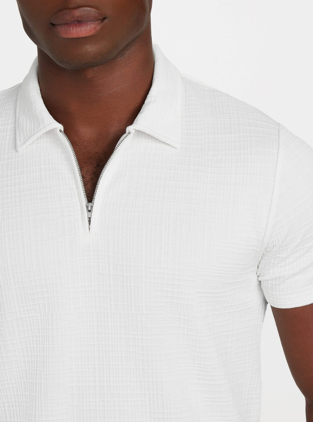 Guess Mens Eco White Percy Short Sleeve Textured Zip Polo Shirt In White