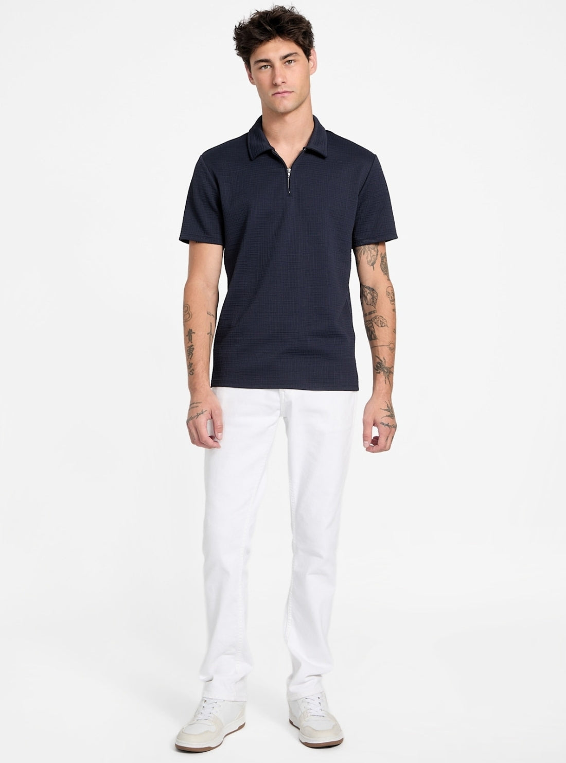 Guess Mens Eco Ss Textured Zip Navy